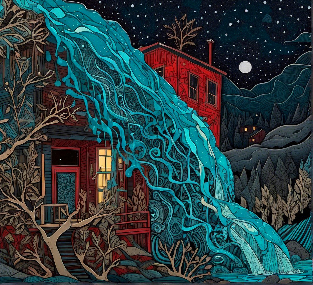 Whimsical Illustration of a Waterfall and House Scene