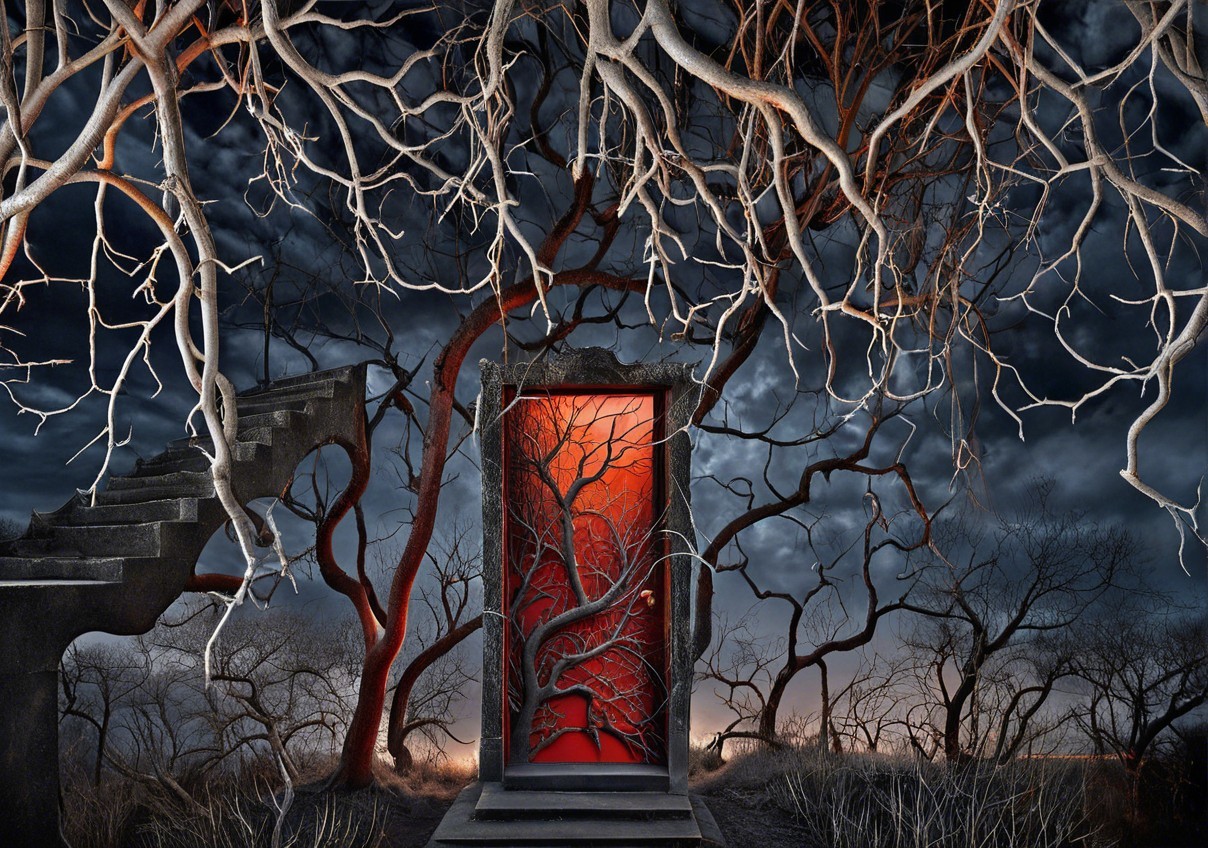 Surreal Door Framed by Twisted Branches and Stairs