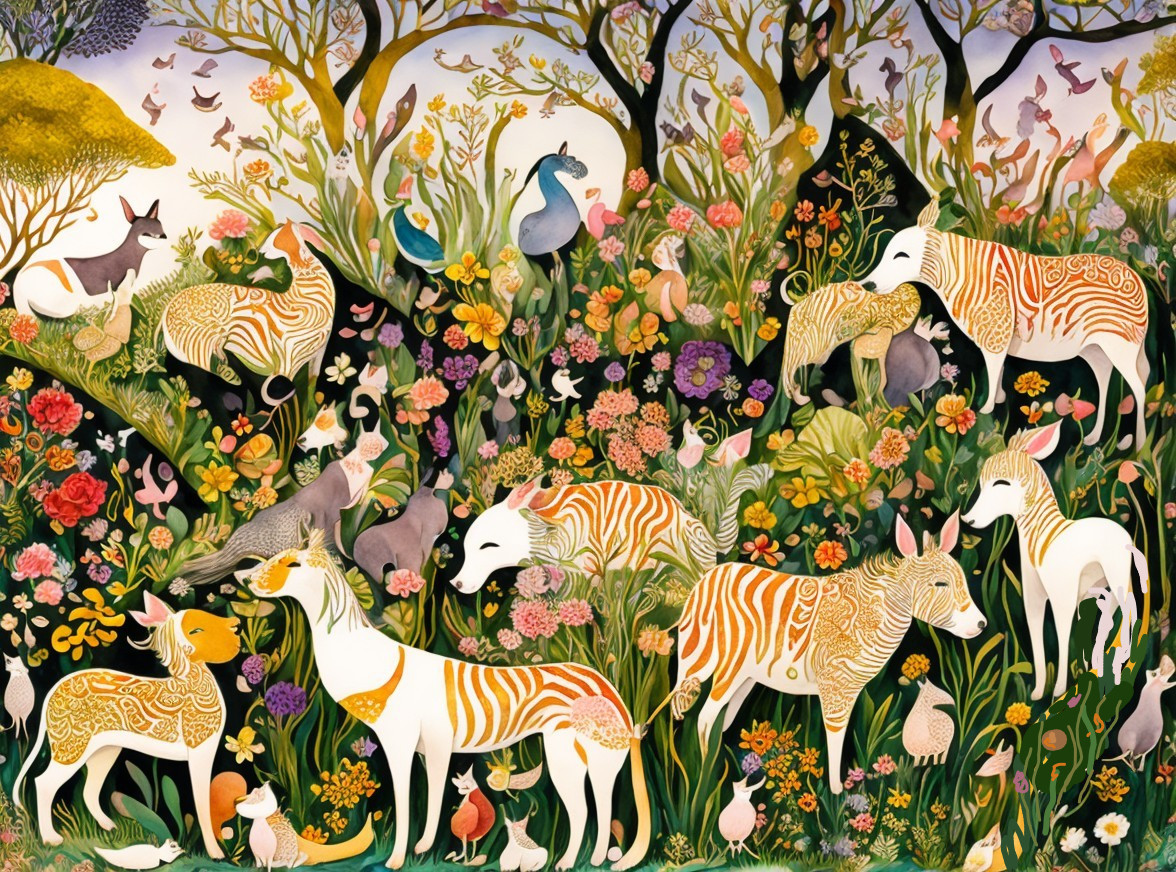 Vibrant floral scene with patterned zebras and exotic birds