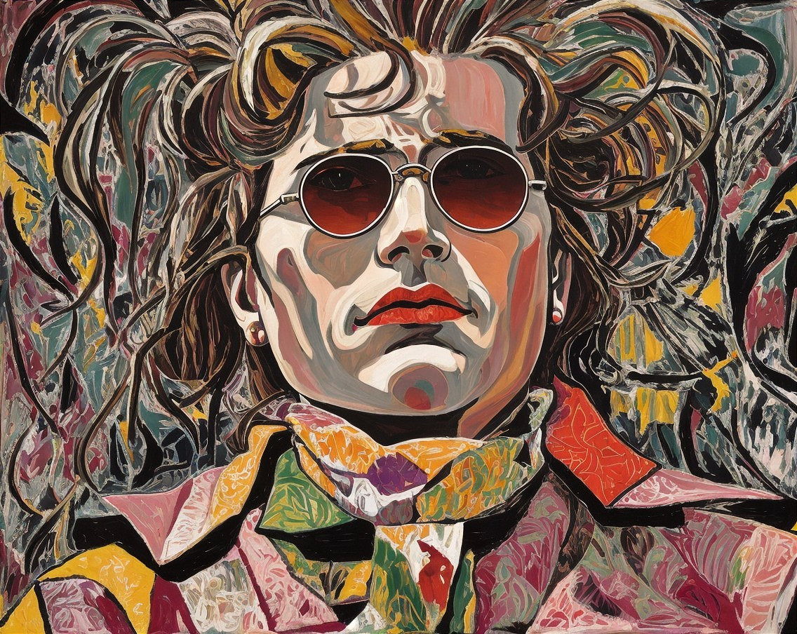 Vibrant Abstract Portrait with Flowing Hair and Sunglasses