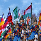 Colorful Parade with Diverse Crowd and National Flags