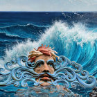 Muscular Figure Rising from Turbulent Ocean Waves