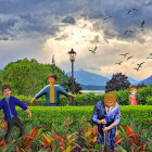 Serene Landscape with Girls in Vintage Dresses and Flowers