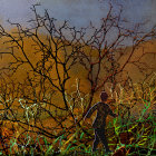 Surrealist Painting of Man Chasing Bird in Autumn Forest