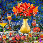 Still Life with Orange Flowers and Mountain View