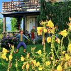 Sunlit garden with cottage, flowers, and rolling hills