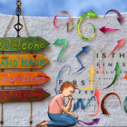 Young Boy Reading Surrounded by Playful Signs
