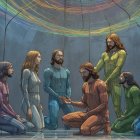 Gathering of Six in Dimly Lit Spiritual Setting