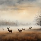 Misty Morning Forest Landscape with Grazing Deer