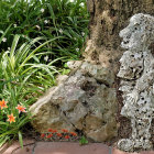 Whimsical Garden Scene with Man and Statue Interaction
