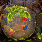 Textured vase with colorful leaves and golden details