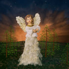 Ethereal Angel in Twilight Sky with Shimmering Dress