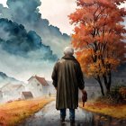 Solitary Figure Walking on Leaf-Lined Pathway