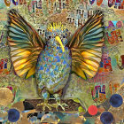 Golden and Blue Bird Relief with Intricate Background