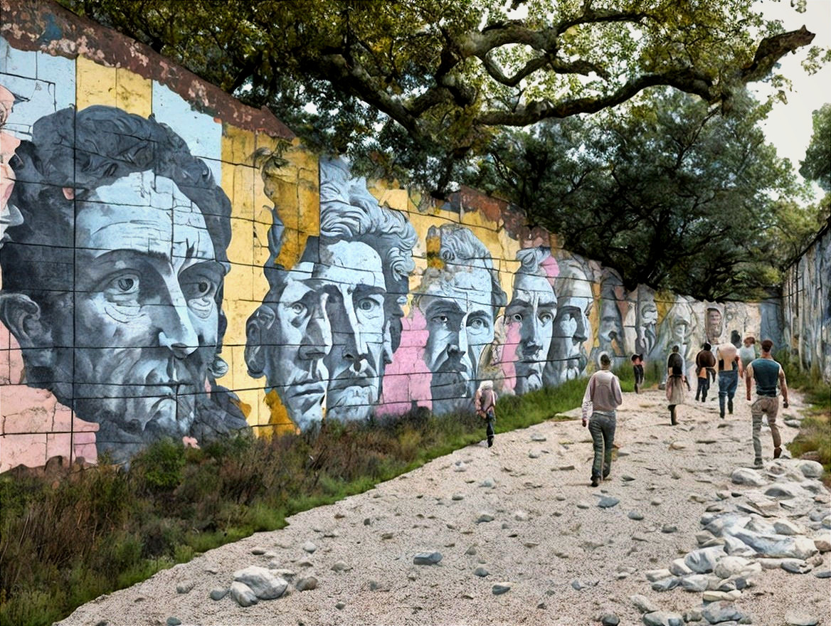 People walking on a pebbled path by a mural