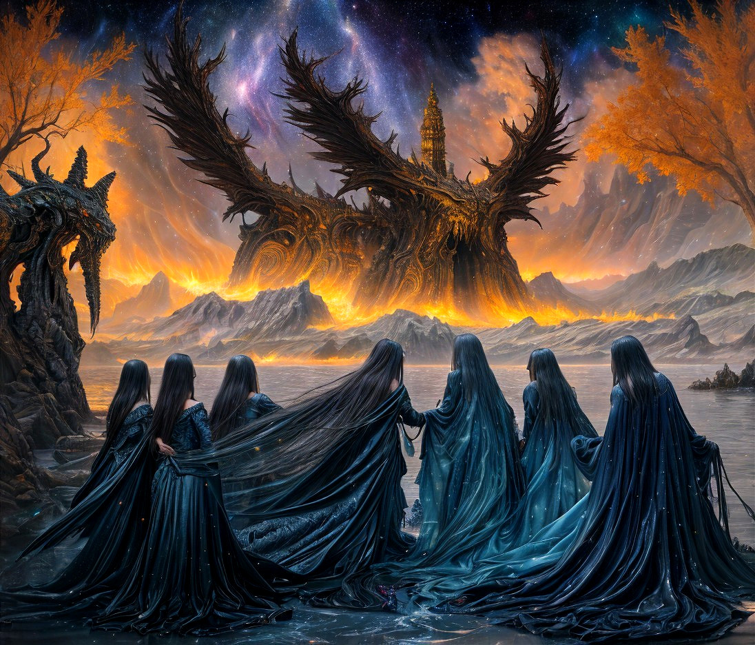 Robed Figures Confronting Fiery Dragon in Mystical Landscape