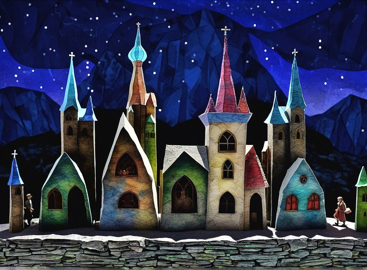 Colorful Paper-Cut Village Scene at Night