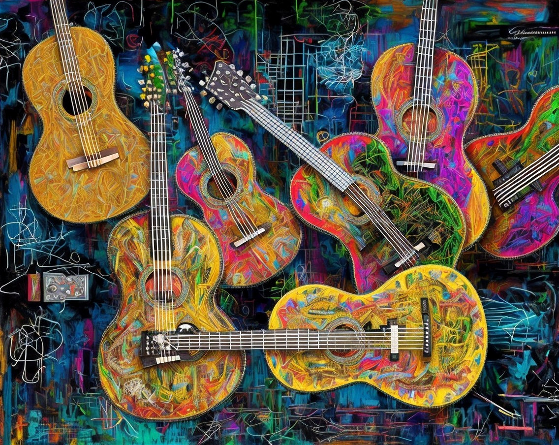 Abstract Composition of Colorful Guitars on Dark Background