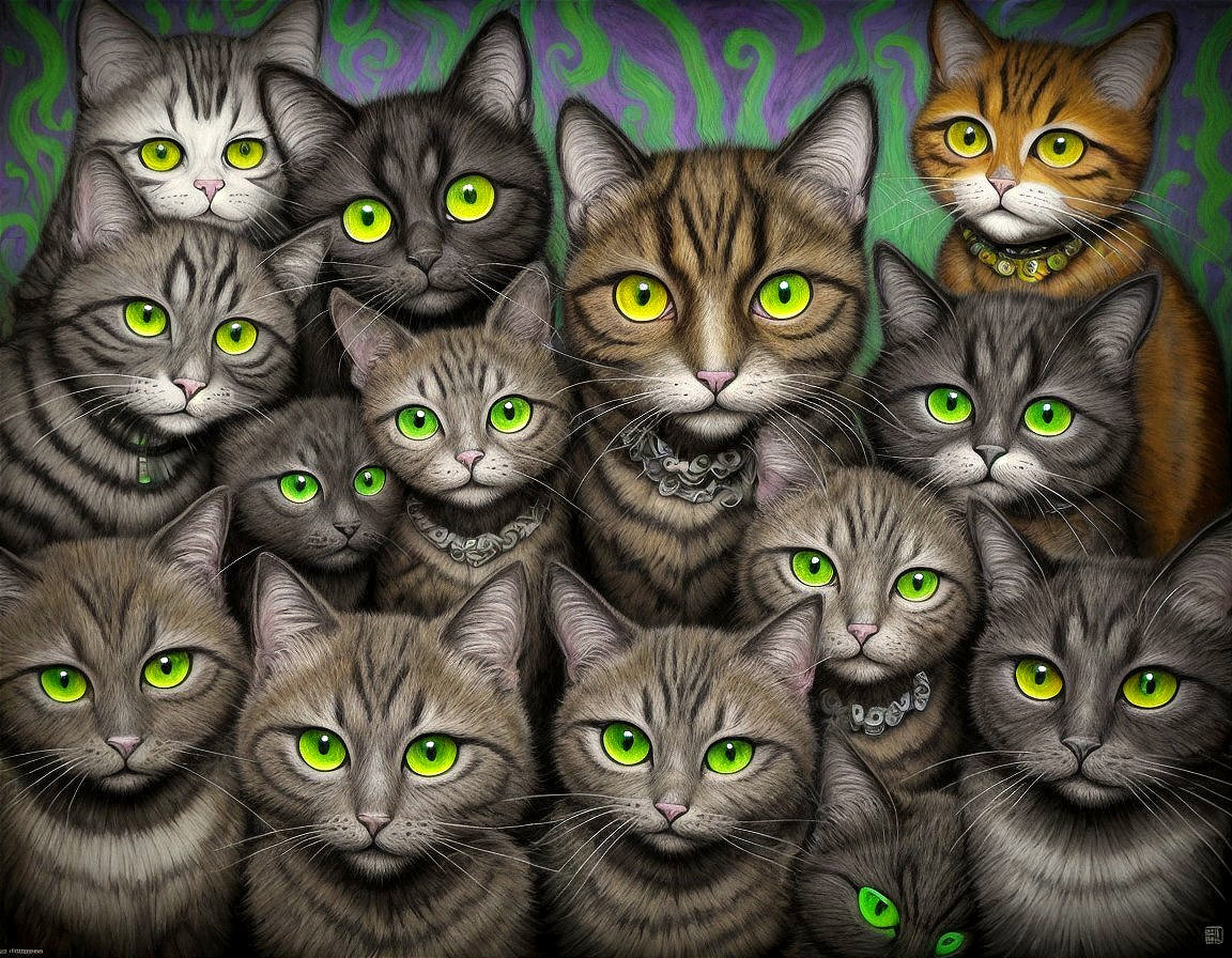 Whimsical Gathering of Cats with Vibrant Background