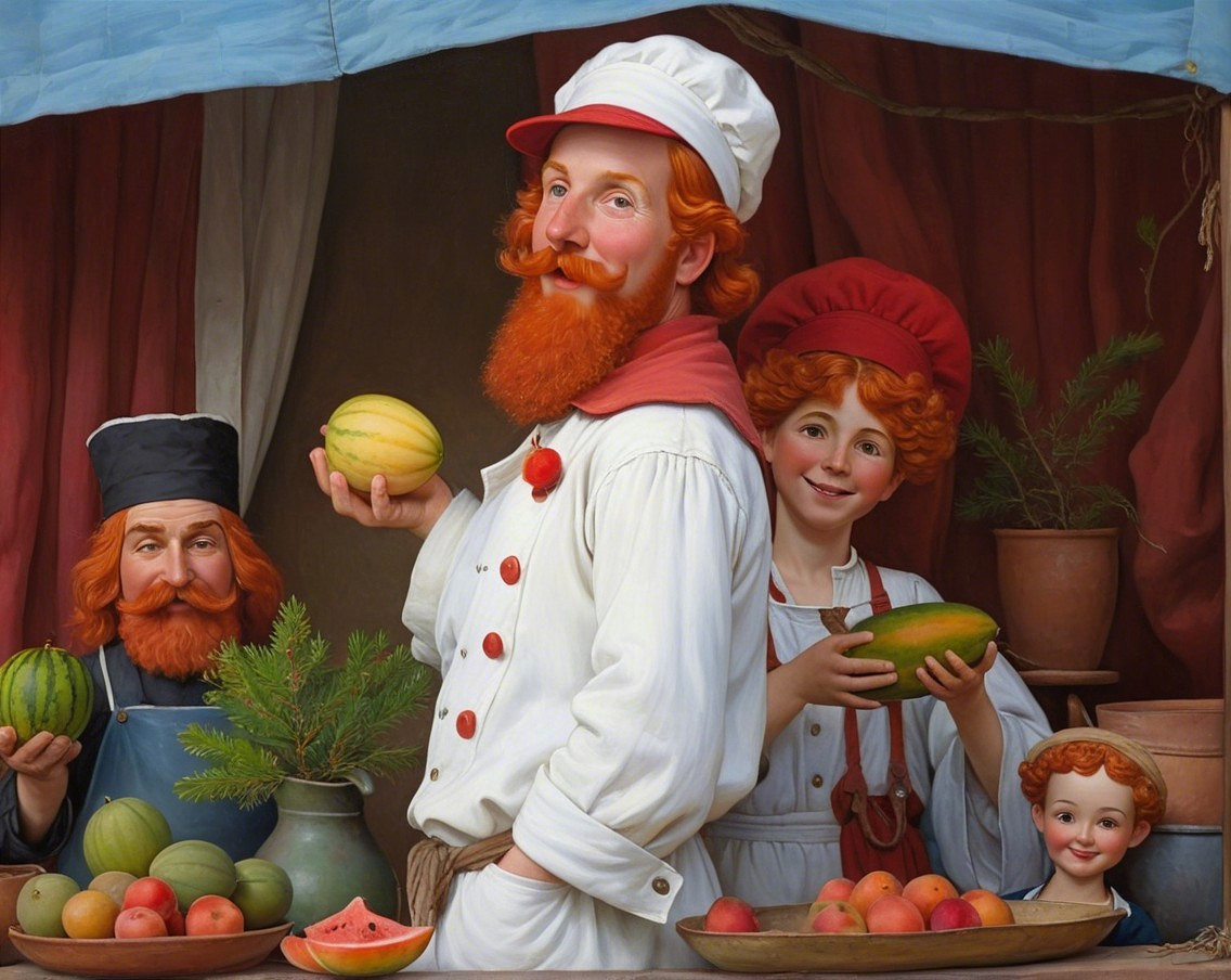 Vibrant Renaissance Painting of Red-Haired Figures at Market