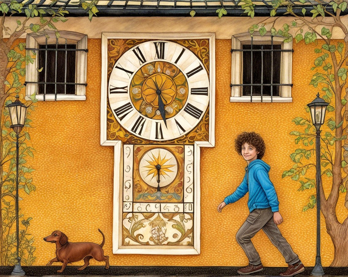 Young boy with dachshund by ornate clock on yellow wall