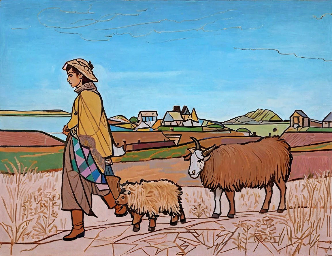 Young shepherd with sheep in a vibrant pastoral landscape