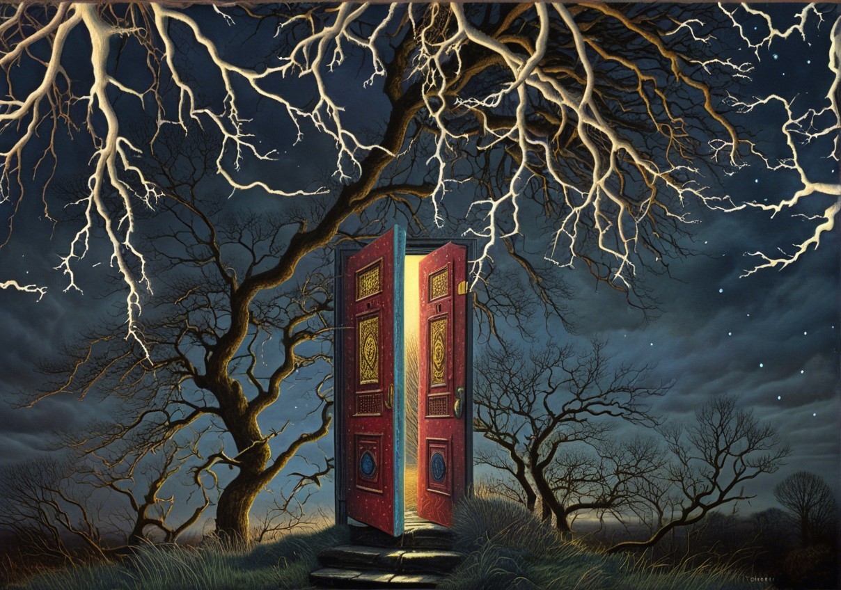 Surreal Landscape with Red Doors and Stormy Sky