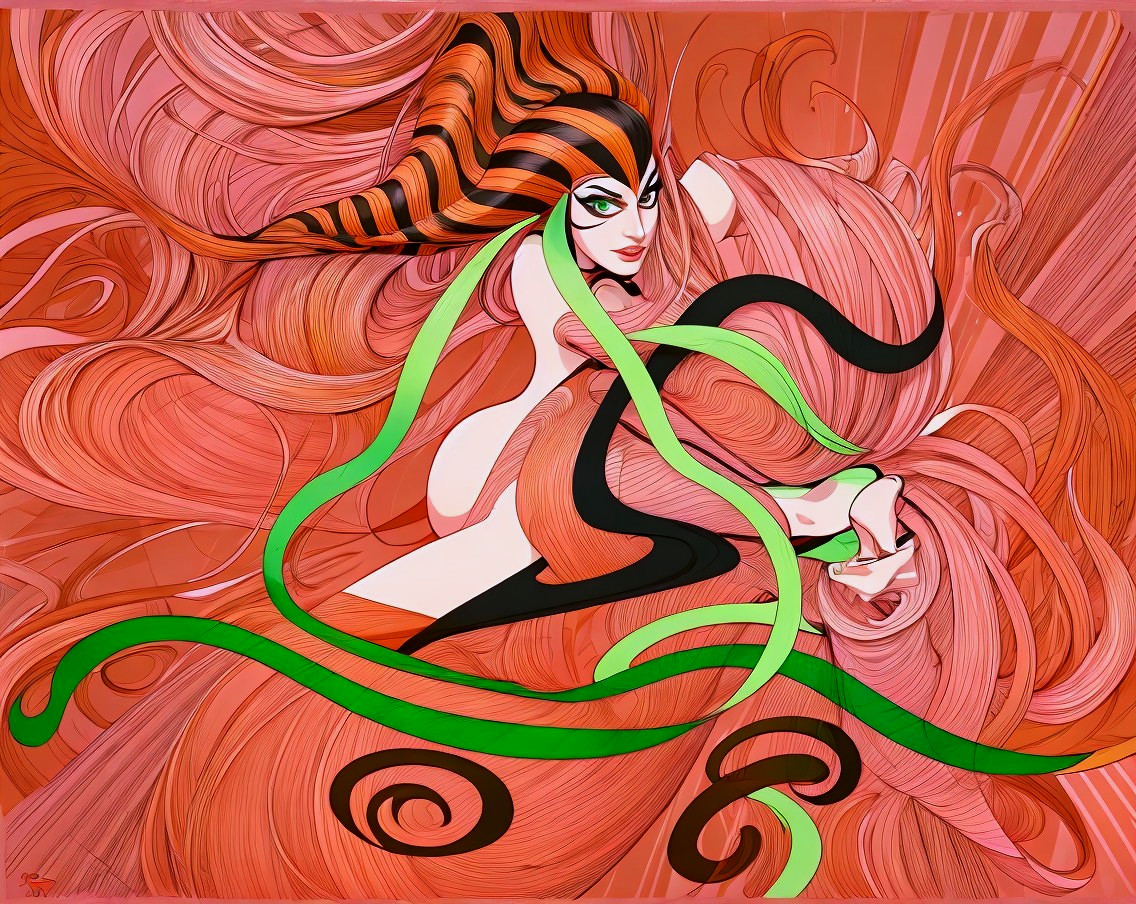 Stylized figure with vibrant hair and expressive features