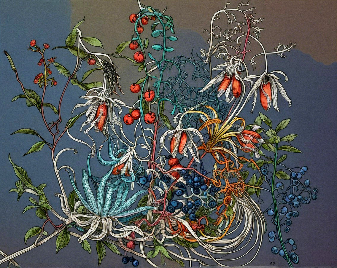 Intricate Illustration of Diverse Flowers and Plants