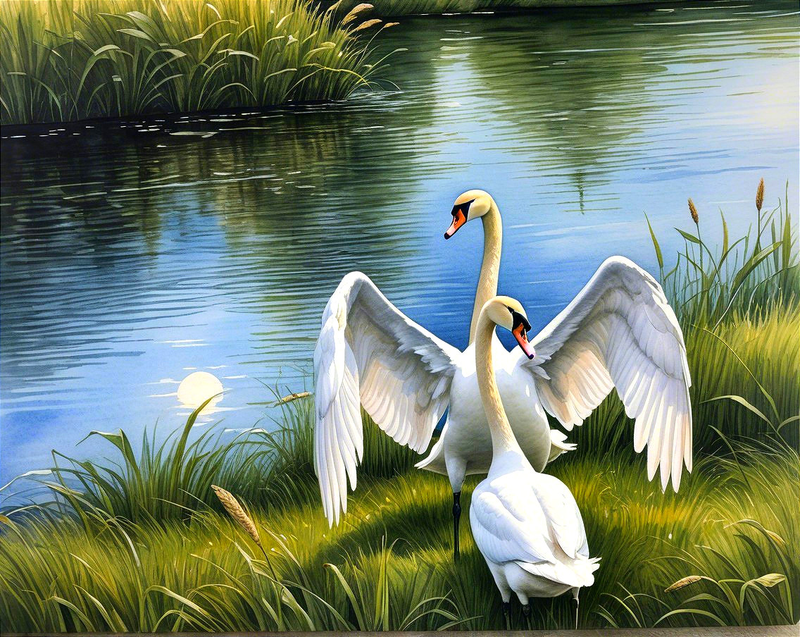 Serene Lakeside Scene with Elegant Swans and Reeds