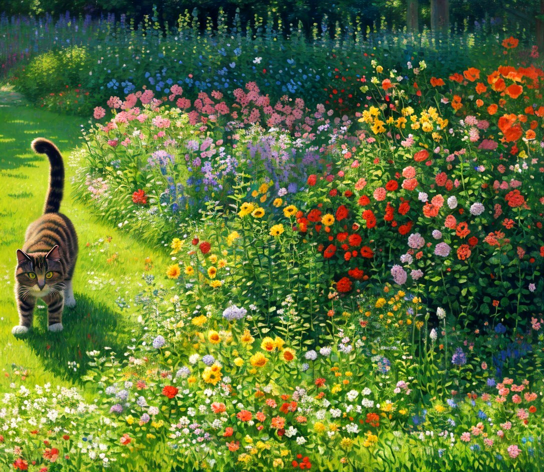 Tabby Cat in Colorful Flower Garden Under Sunlight