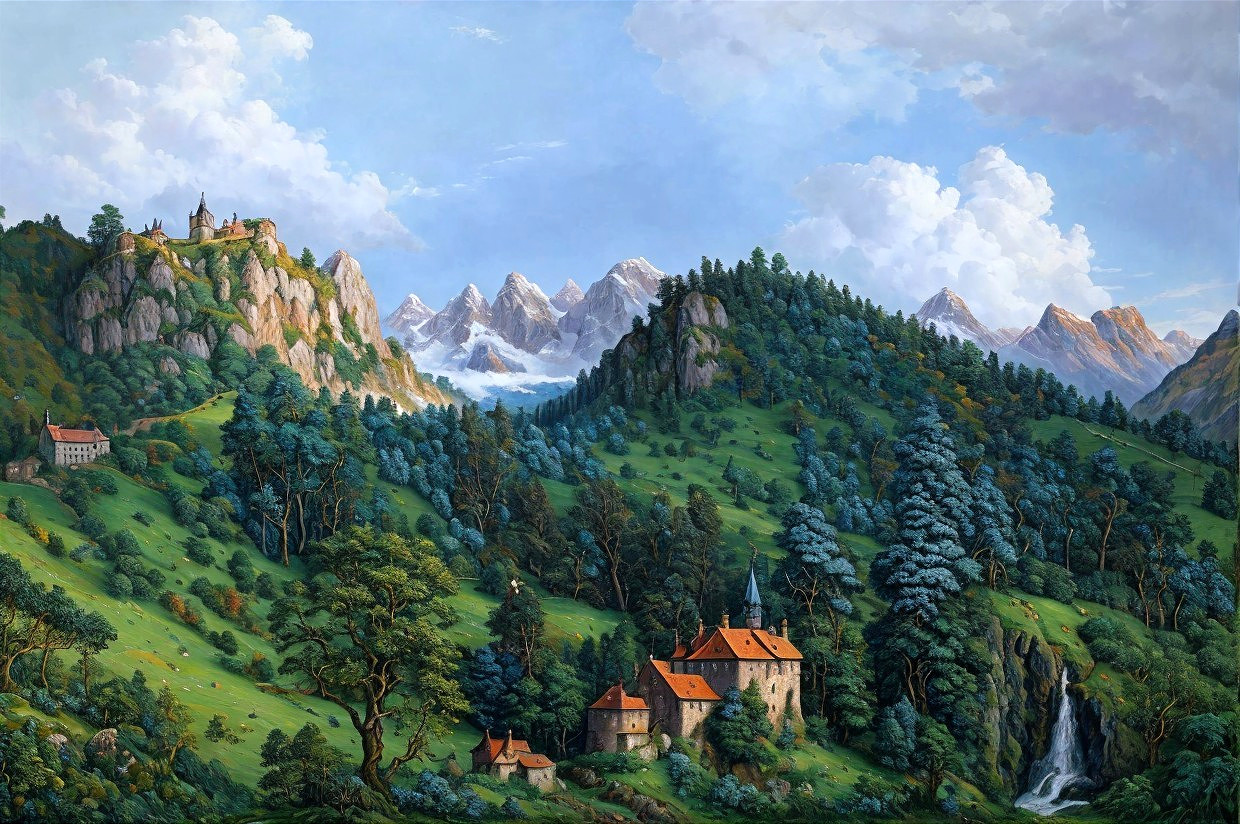 Serene Landscape with Green Hills and Mountains