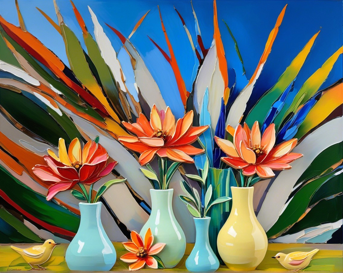 Vibrant Still Life with Colorful Vases and Flowers