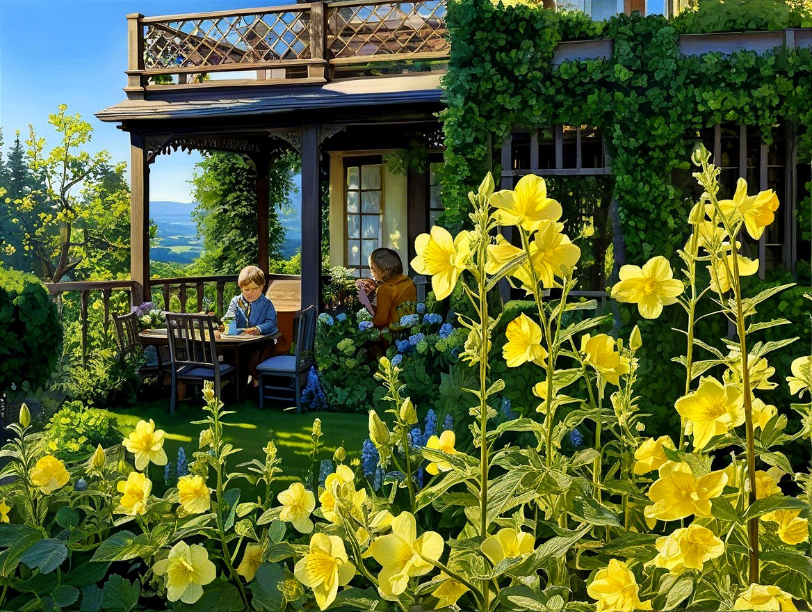 Sunlit garden with cottage, flowers, and rolling hills