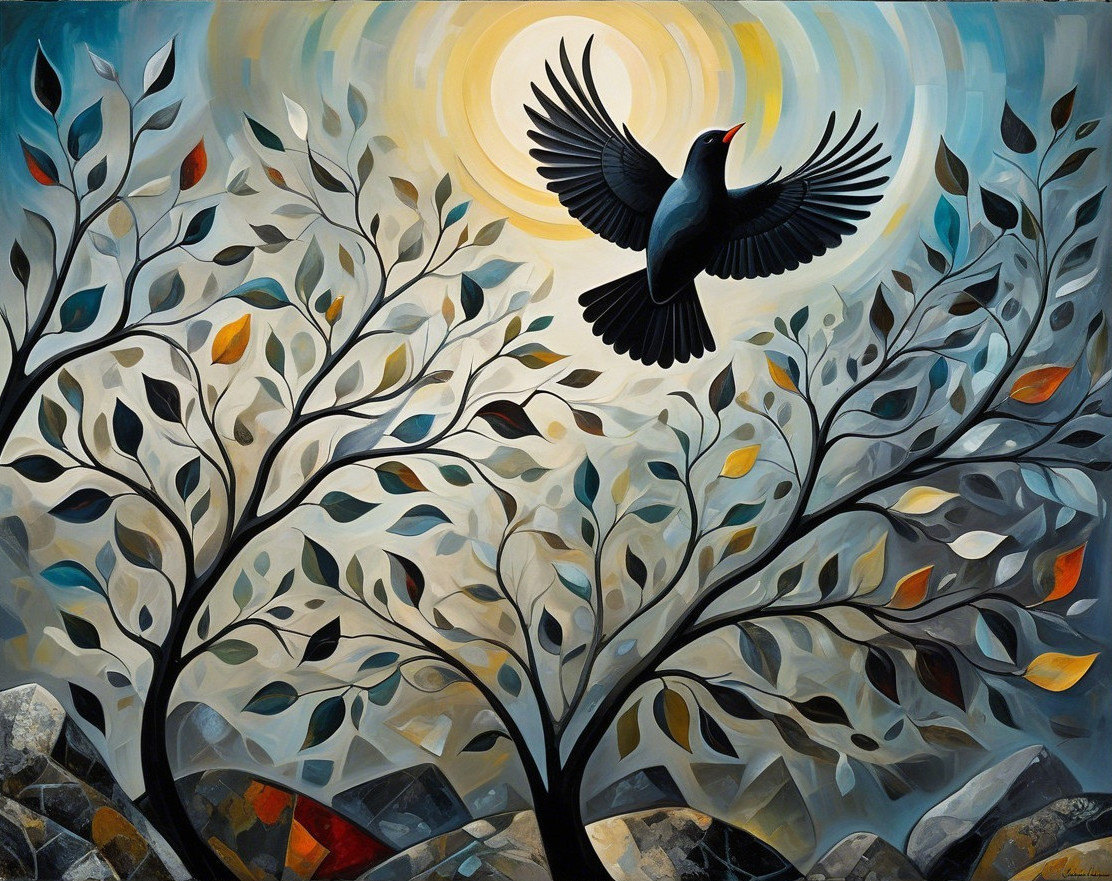 Abstract Artwork of a Black Bird Against a Sun