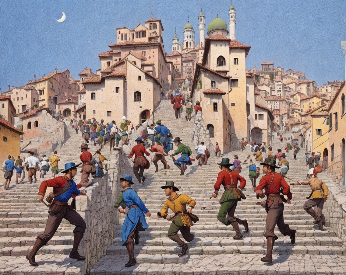 Vibrant Town Scene on Sunlit Staircase with People