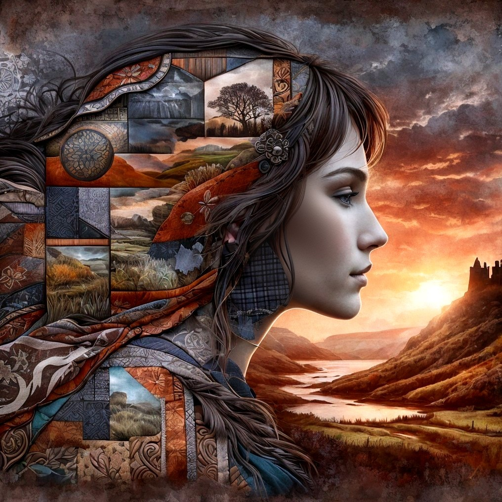 Woman in Profile with Mosaic Hair and Sunset Background