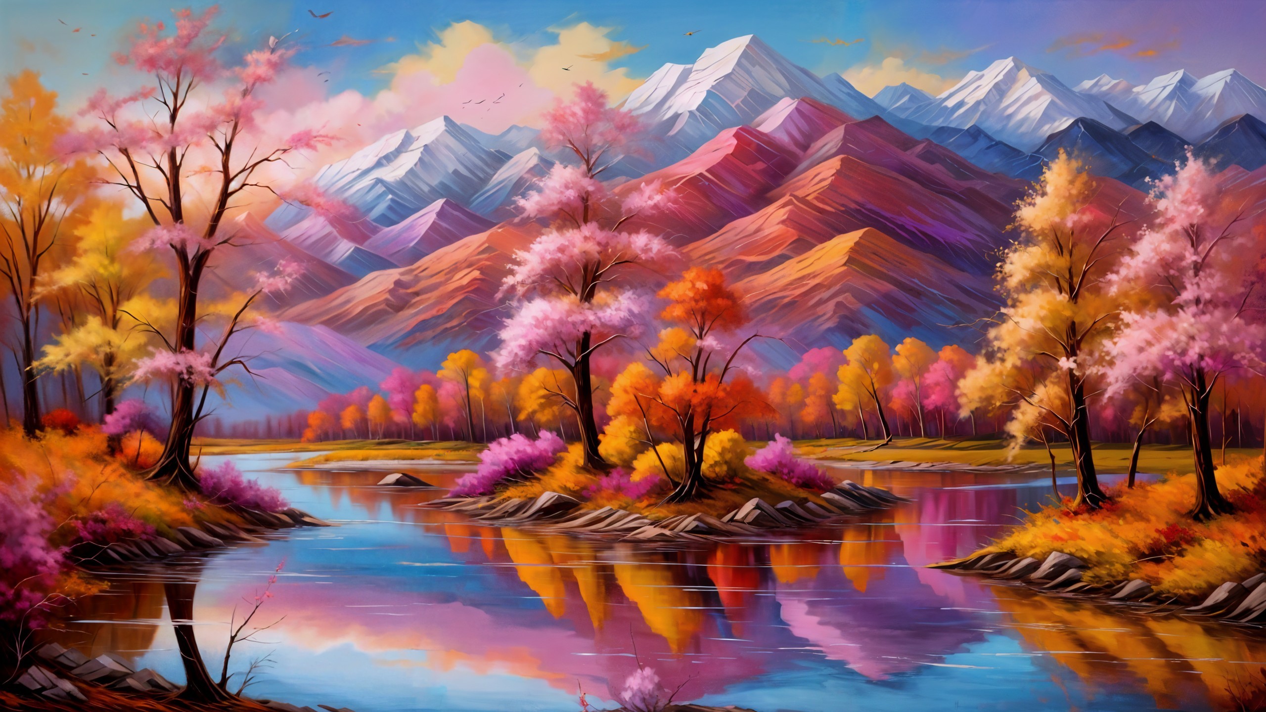 Vibrant Landscape with Autumn River and Mountains