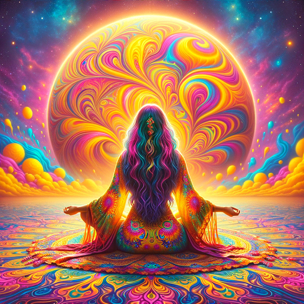 Serene Figure in Vibrant Psychedelic Landscape