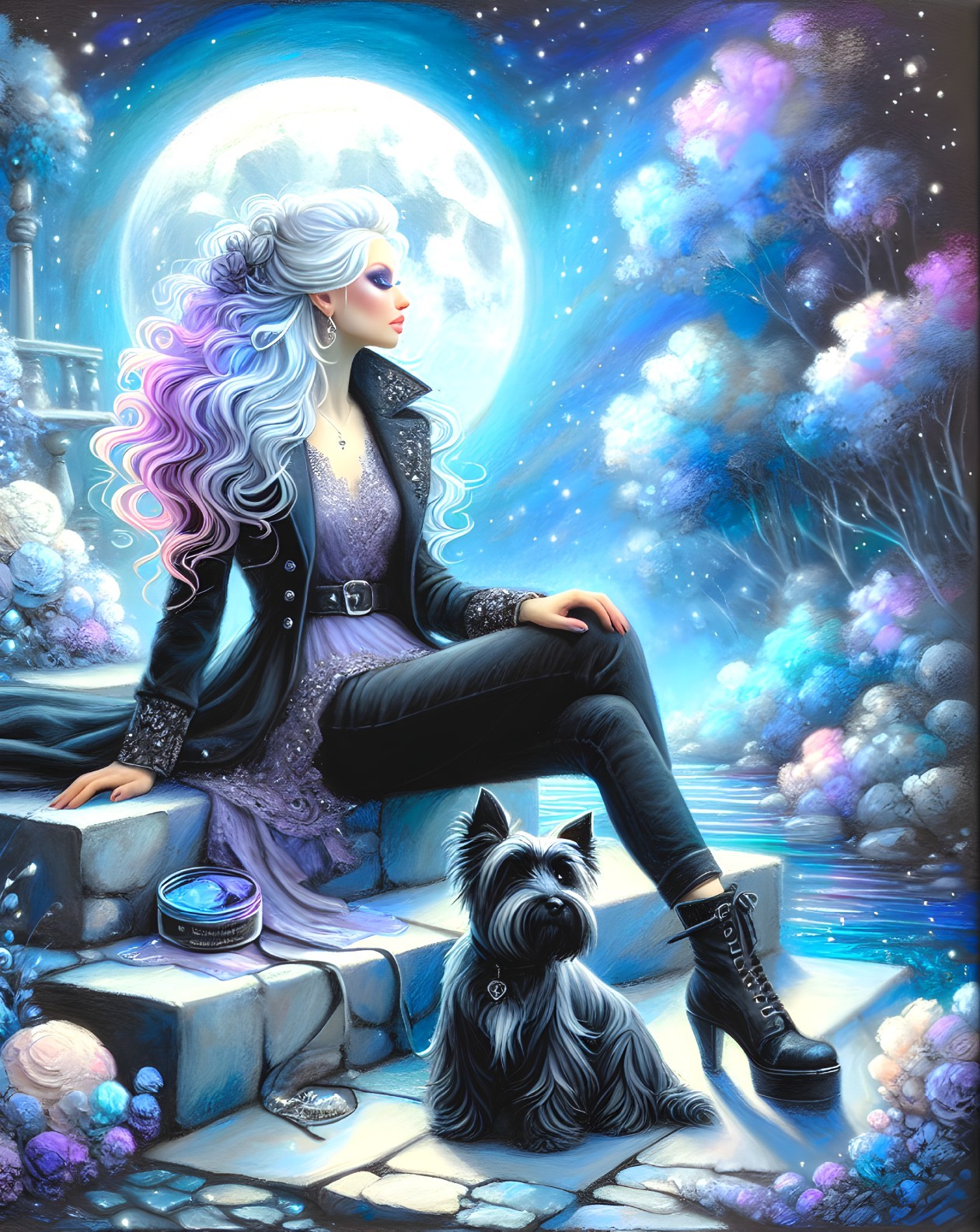 Stylish woman by water under a full moon with dog