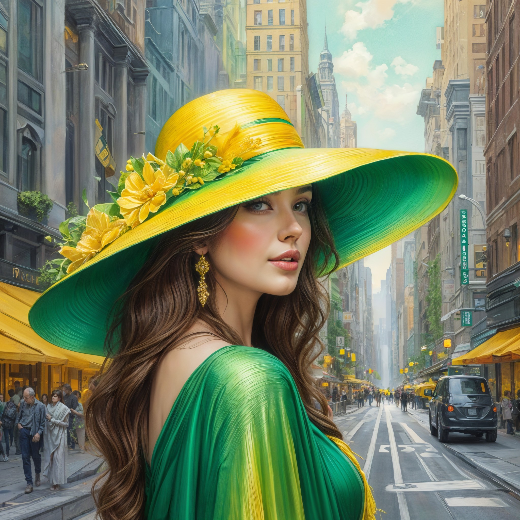 Young Woman in Colorful Hat on Vibrant City Street