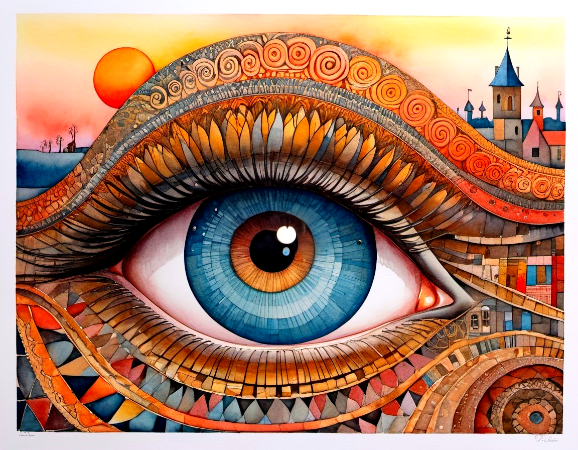Vibrant surreal painting: detailed eye, castle, stylized landscape