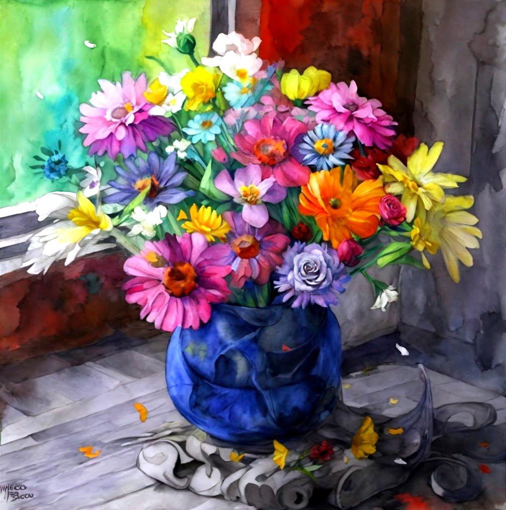Vibrant Flower Bouquet in Blue Vase Watercolor Art