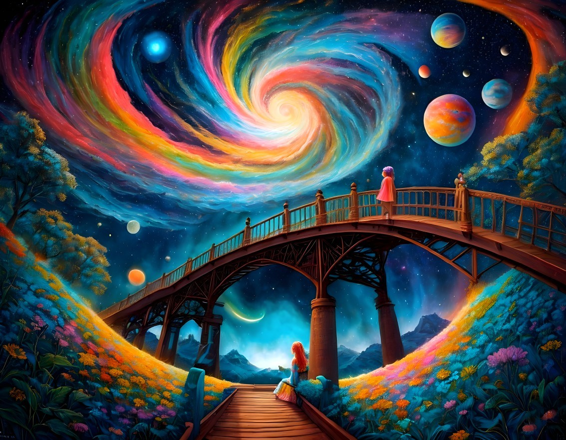 Colorful artwork: Two figures on bridge in whimsical galaxy landscape