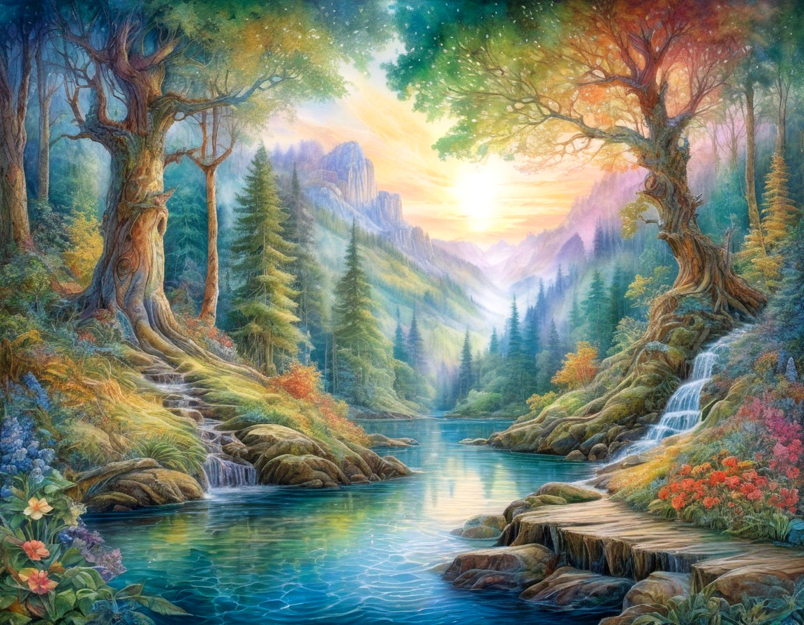 Serene Landscape with Trees, River, and Waterfalls