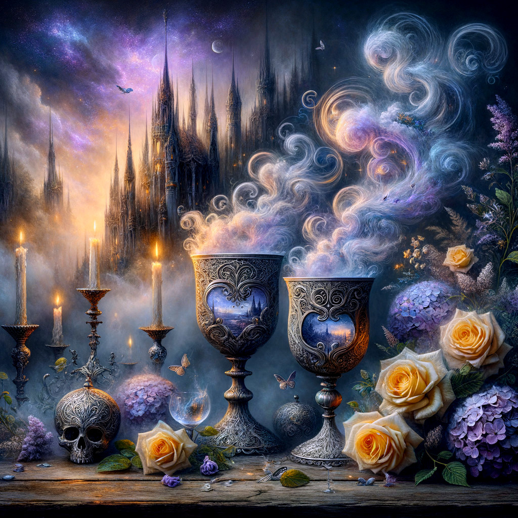 Ornate silver goblets with colorful smoke and candles