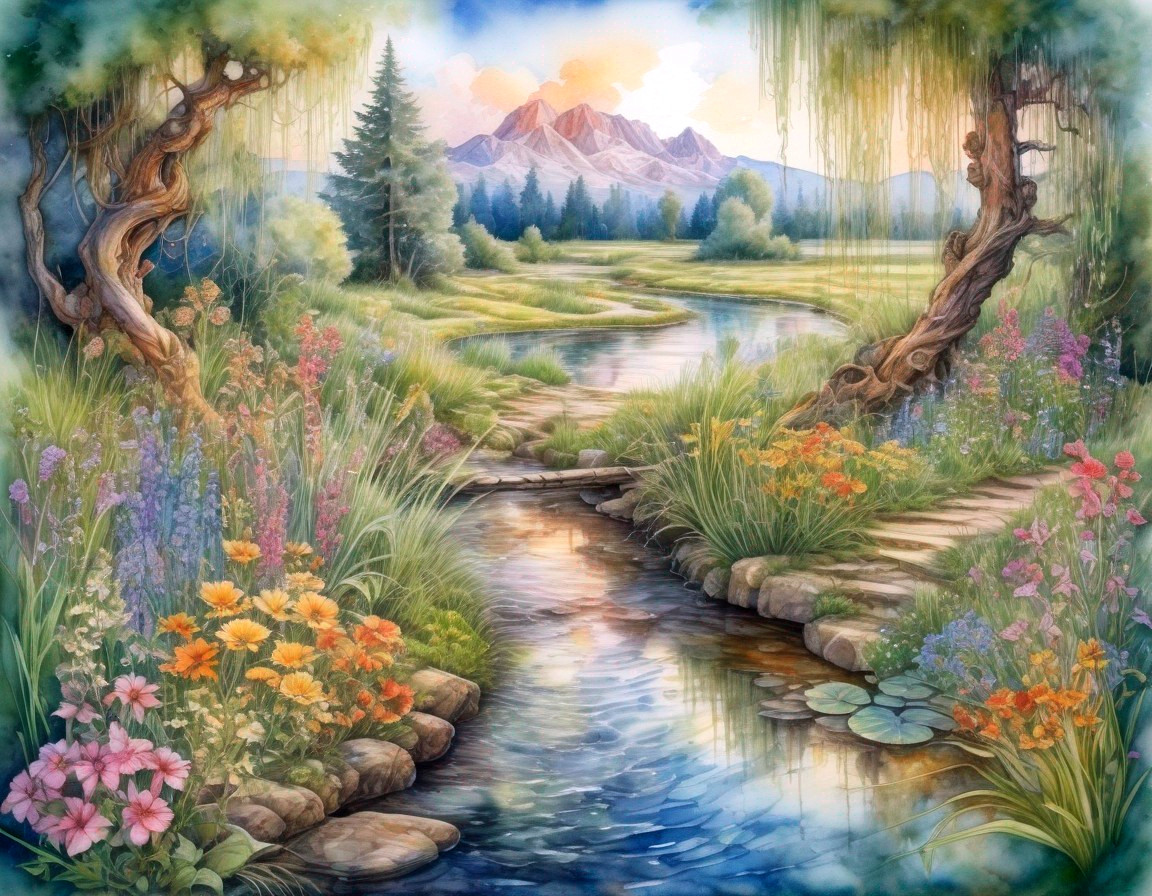Serene Landscape with Stream and Majestic Mountains