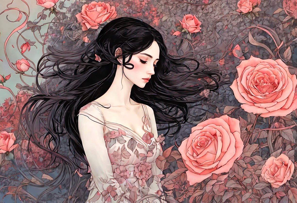 Serene Young Woman Surrounded by Vibrant Roses