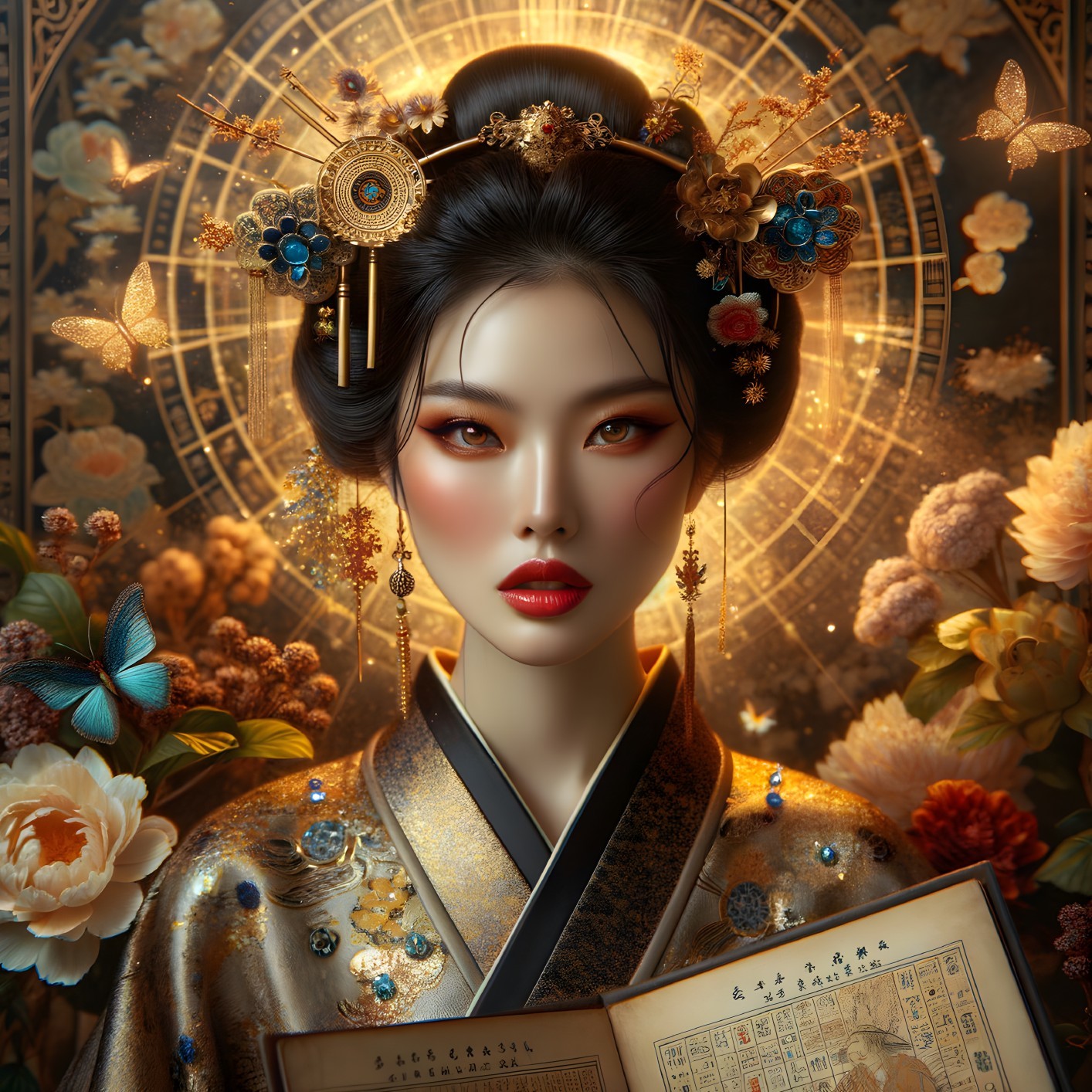 Elegant Woman in Traditional Attire with Floral Backdrop