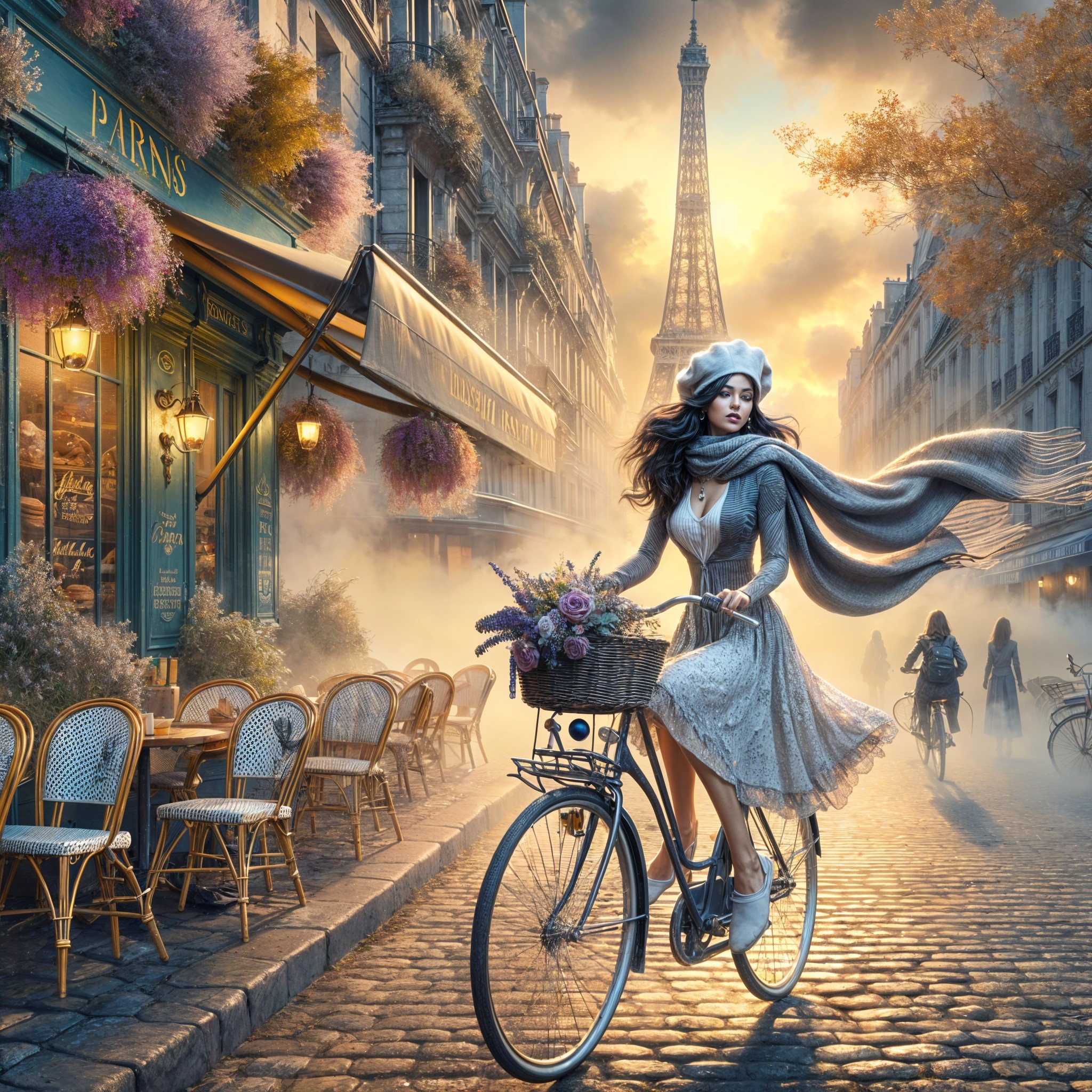 Woman in White Dress Biking in Paris with Eiffel Tower